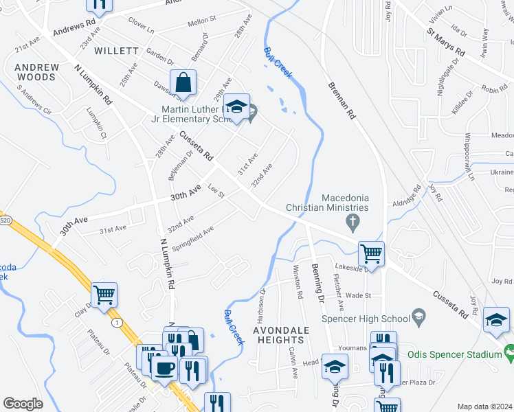 map of restaurants, bars, coffee shops, grocery stores, and more near 3215 Cusseta Road in Columbus