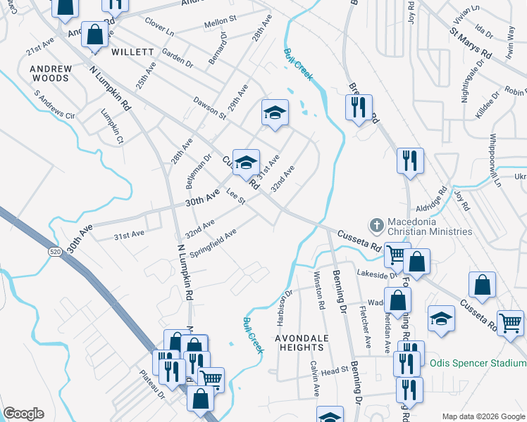 map of restaurants, bars, coffee shops, grocery stores, and more near 3207 Lee Street in Columbus