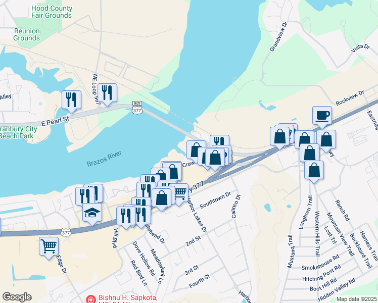 map of restaurants, bars, coffee shops, grocery stores, and more near 1520 Crawford Avenue in Granbury