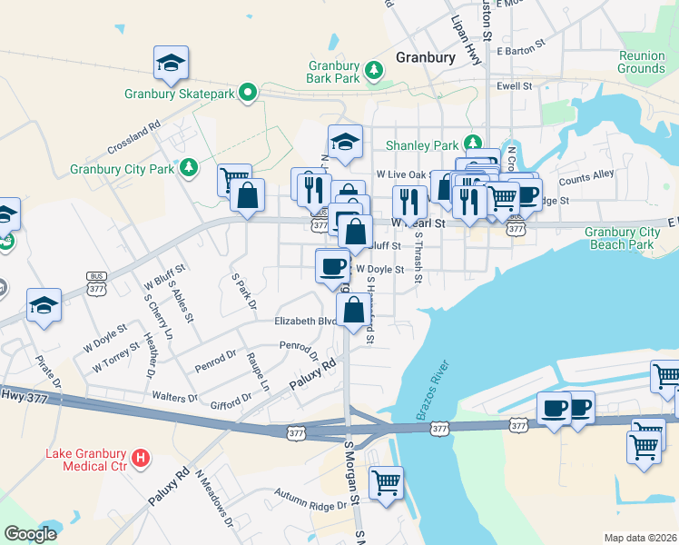 map of restaurants, bars, coffee shops, grocery stores, and more near 223 South Morgan Street in Granbury