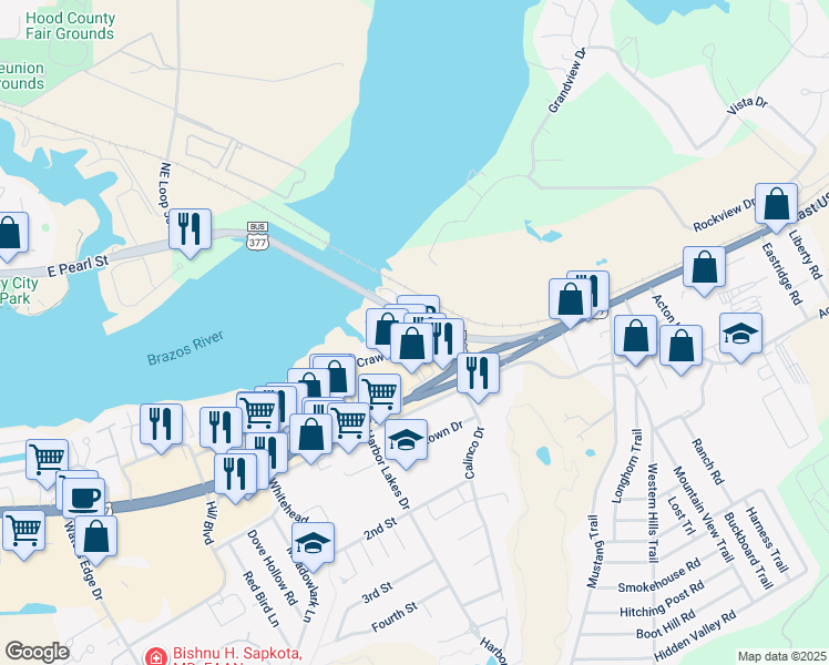 map of restaurants, bars, coffee shops, grocery stores, and more near 1520 Crawford Avenue in Granbury