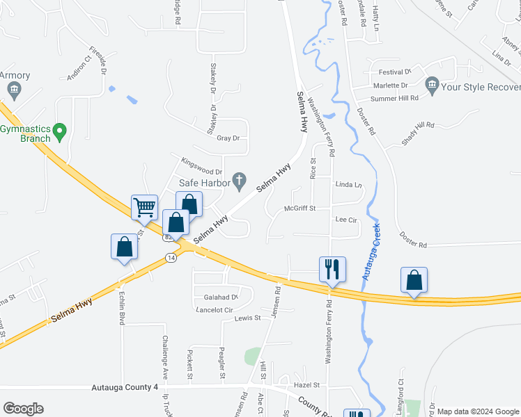 map of restaurants, bars, coffee shops, grocery stores, and more near 818 Cottage Lane in Prattville