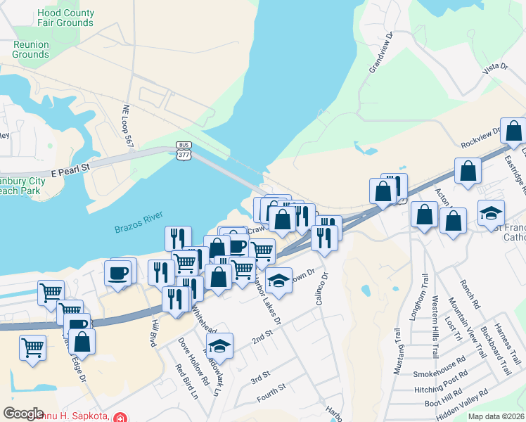 map of restaurants, bars, coffee shops, grocery stores, and more near 1451 East Pearl Street in Granbury