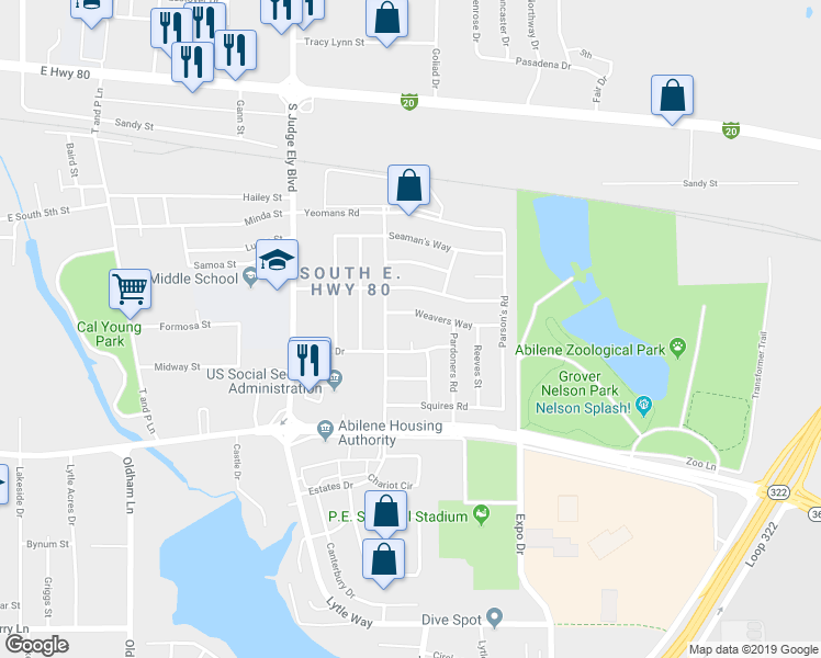 map of restaurants, bars, coffee shops, grocery stores, and more near 825 Nun Court in Abilene