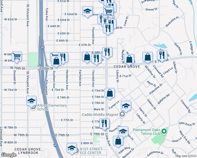 map of restaurants, bars, coffee shops, grocery stores, and more near 547 Kemper Street in Shreveport