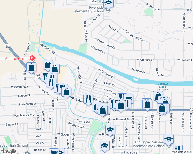 map of restaurants, bars, coffee shops, grocery stores, and more near 1213 Cedar Drive in Carlsbad