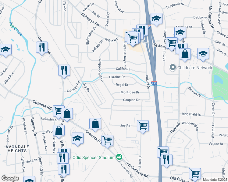 map of restaurants, bars, coffee shops, grocery stores, and more near 3607 Montrose Drive in Columbus