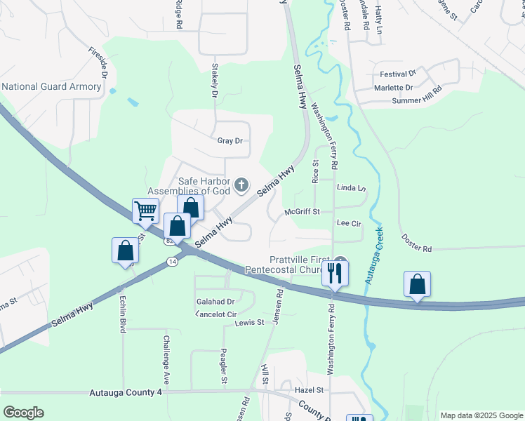 map of restaurants, bars, coffee shops, grocery stores, and more near 818 Cottage Lane in Prattville