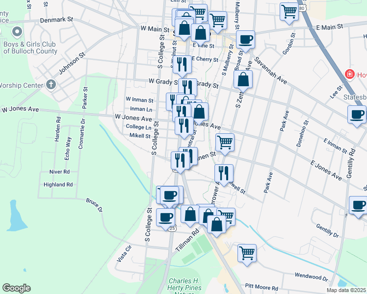 map of restaurants, bars, coffee shops, grocery stores, and more near 323 South Main Street in Statesboro