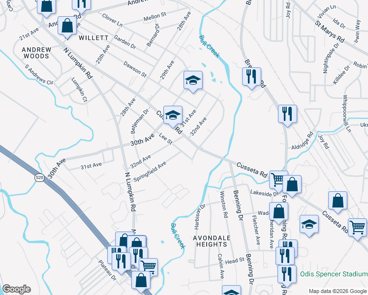 map of restaurants, bars, coffee shops, grocery stores, and more near 3207 Lee Street in Columbus