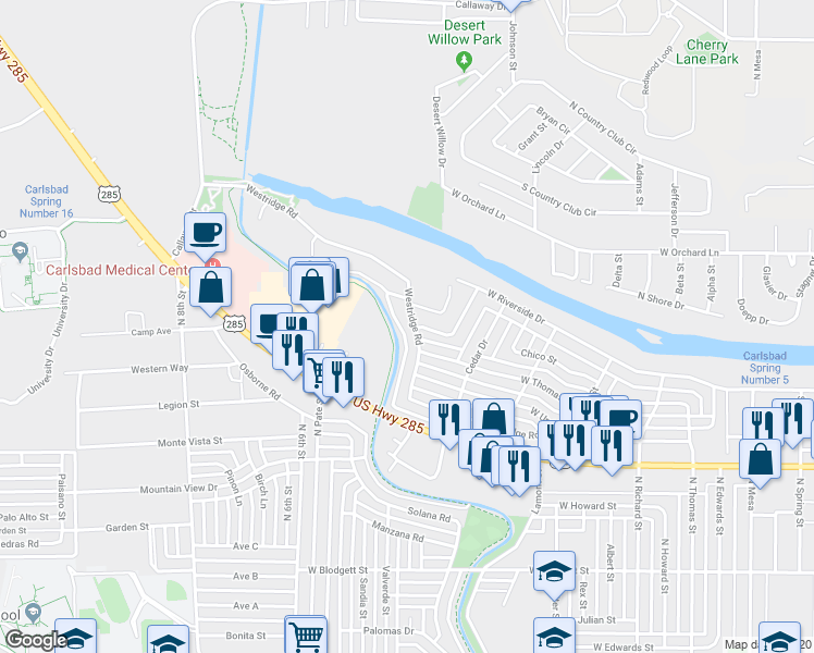 map of restaurants, bars, coffee shops, grocery stores, and more near 1815 Westridge Road in Carlsbad