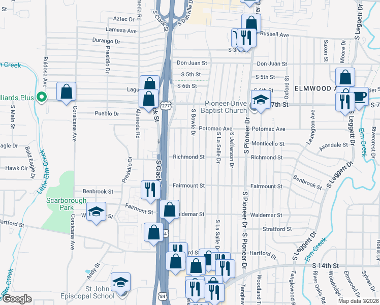 map of restaurants, bars, coffee shops, grocery stores, and more near 934 South Bowie Drive in Abilene