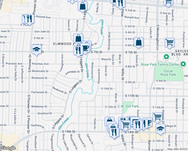 map of restaurants, bars, coffee shops, grocery stores, and more near 866 Rivercrest Drive in Abilene