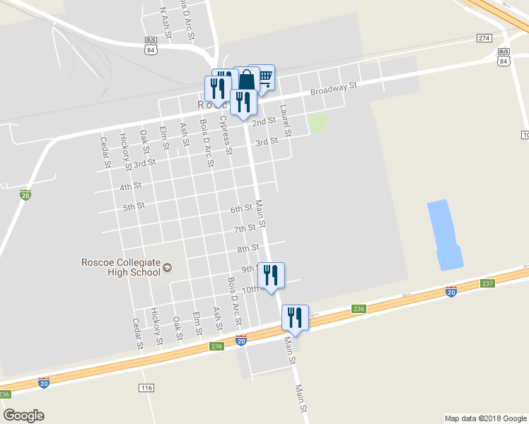map of restaurants, bars, coffee shops, grocery stores, and more near 603 Main Street in Roscoe