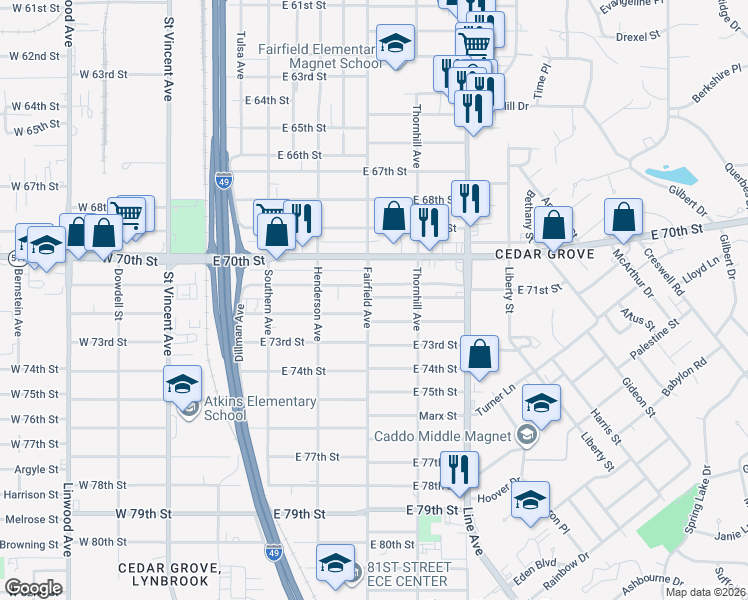map of restaurants, bars, coffee shops, grocery stores, and more near 7113 Fairfield Avenue in Shreveport