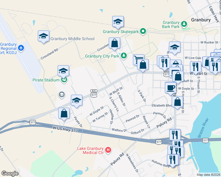 map of restaurants, bars, coffee shops, grocery stores, and more near 1404 West Bluff Street in Granbury