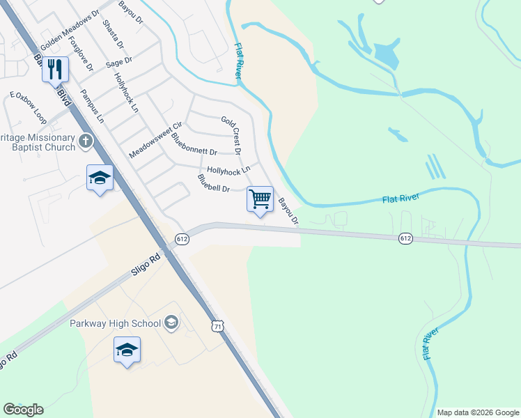 map of restaurants, bars, coffee shops, grocery stores, and more near 5824 Gold Crest Drive in Bossier City