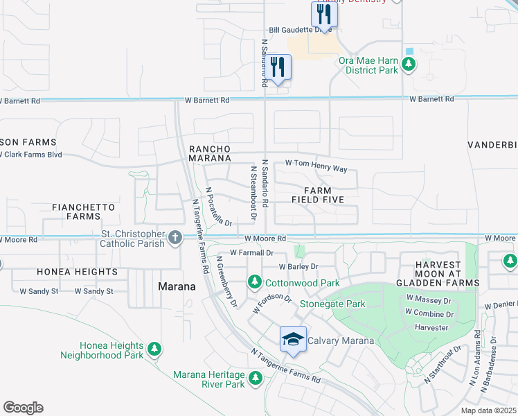 map of restaurants, bars, coffee shops, grocery stores, and more near 12884 North Steamboat Drive in Marana