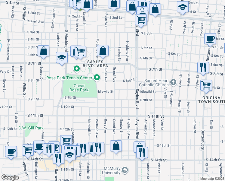map of restaurants, bars, coffee shops, grocery stores, and more near 858 Grand Avenue in Abilene