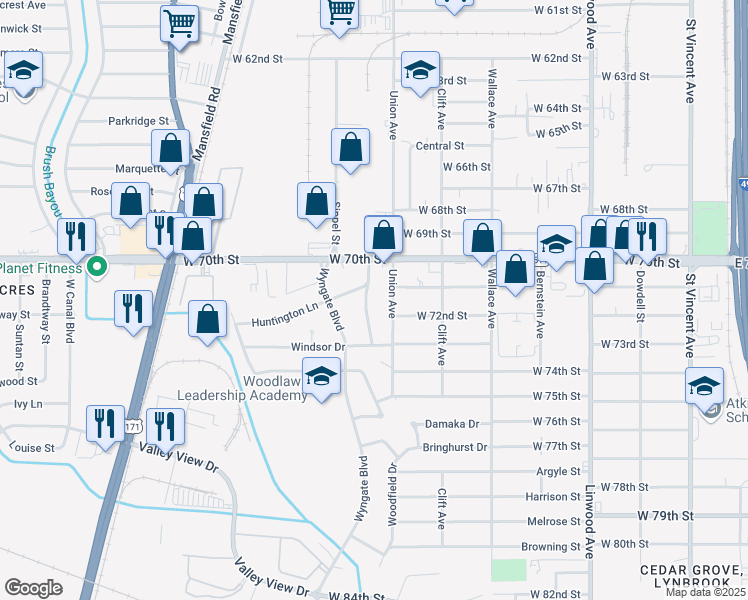 map of restaurants, bars, coffee shops, grocery stores, and more near 7113 Burlingame Boulevard in Shreveport