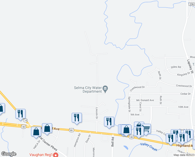 map of restaurants, bars, coffee shops, grocery stores, and more near 2759 Lincoln Drive in Selma