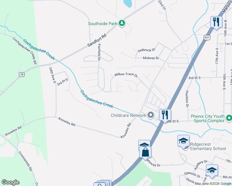 map of restaurants, bars, coffee shops, grocery stores, and more near 18 Forest Ridge Lane in Phenix City