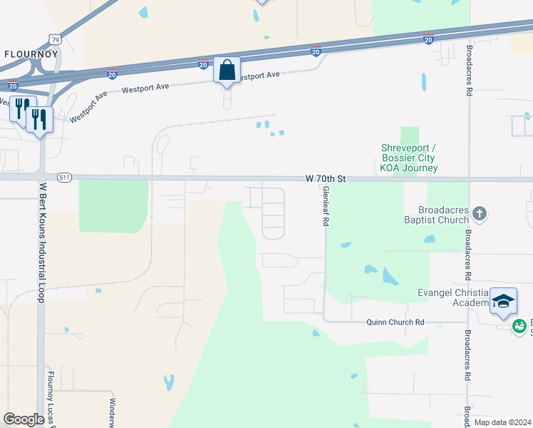 map of restaurants, bars, coffee shops, grocery stores, and more near 6801 West 70th Street in Shreveport