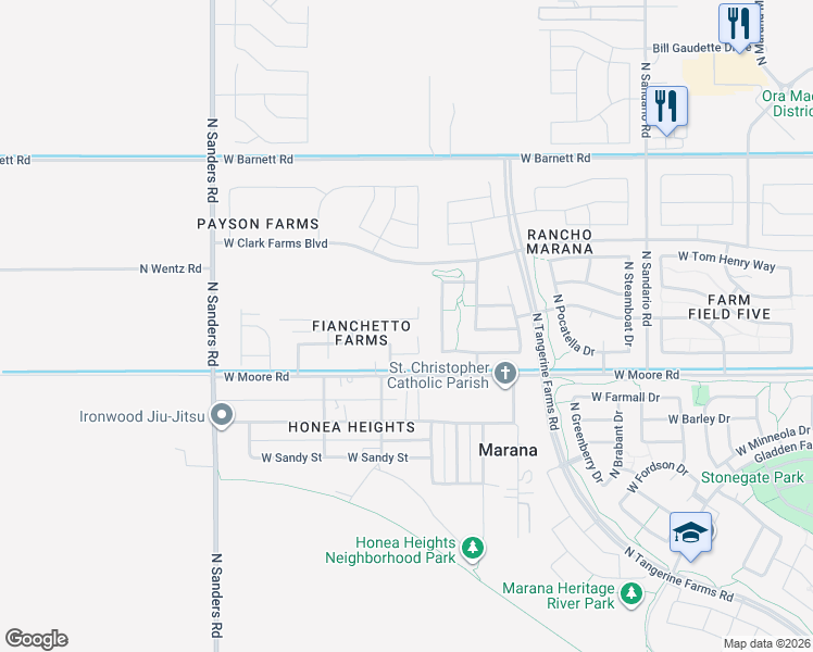 map of restaurants, bars, coffee shops, grocery stores, and more near 12243 West Fianchetto Drive in Marana