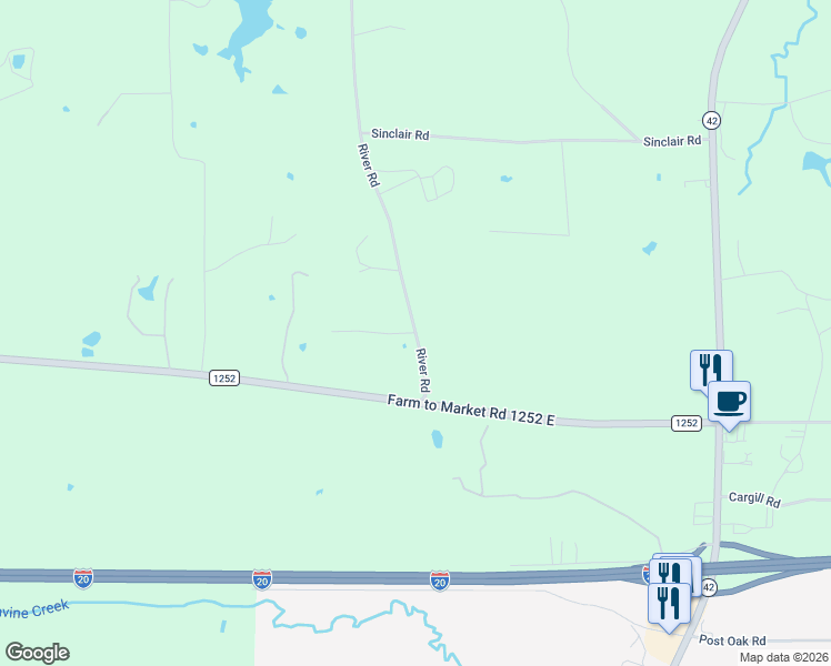 map of restaurants, bars, coffee shops, grocery stores, and more near 3611 River Road in Kilgore