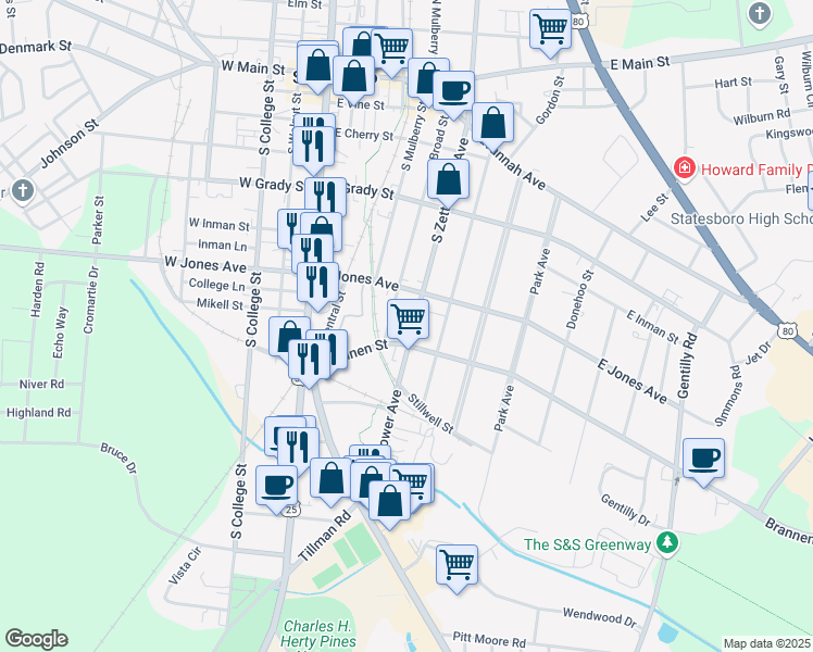 map of restaurants, bars, coffee shops, grocery stores, and more near 309 South Zetterower Avenue in Statesboro