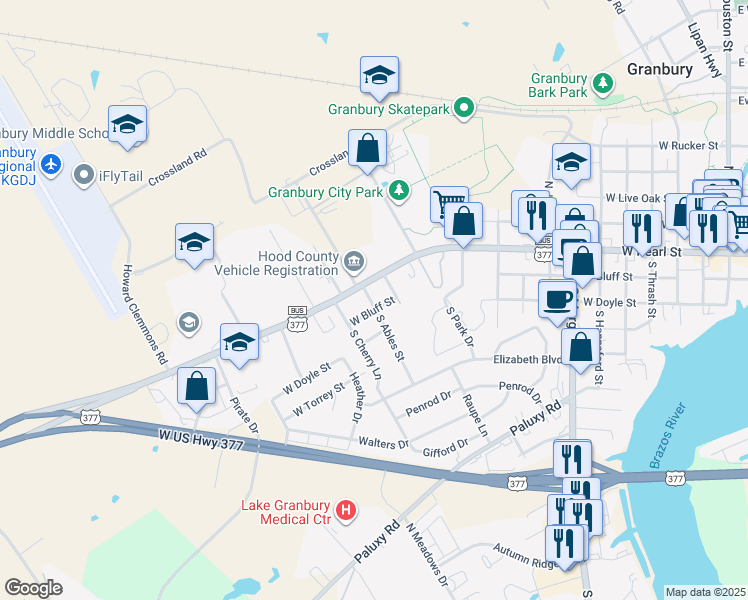 map of restaurants, bars, coffee shops, grocery stores, and more near 1404 West Bluff Street in Granbury