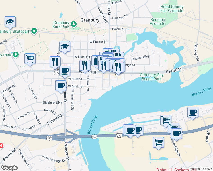 map of restaurants, bars, coffee shops, grocery stores, and more near 110 West Doyle Street in Granbury
