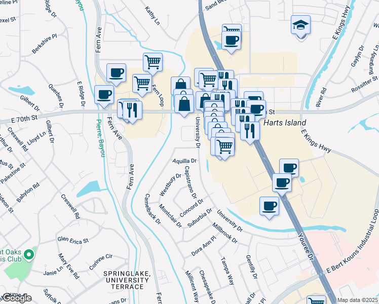 map of restaurants, bars, coffee shops, grocery stores, and more near 1521 Cambridge Drive in Shreveport