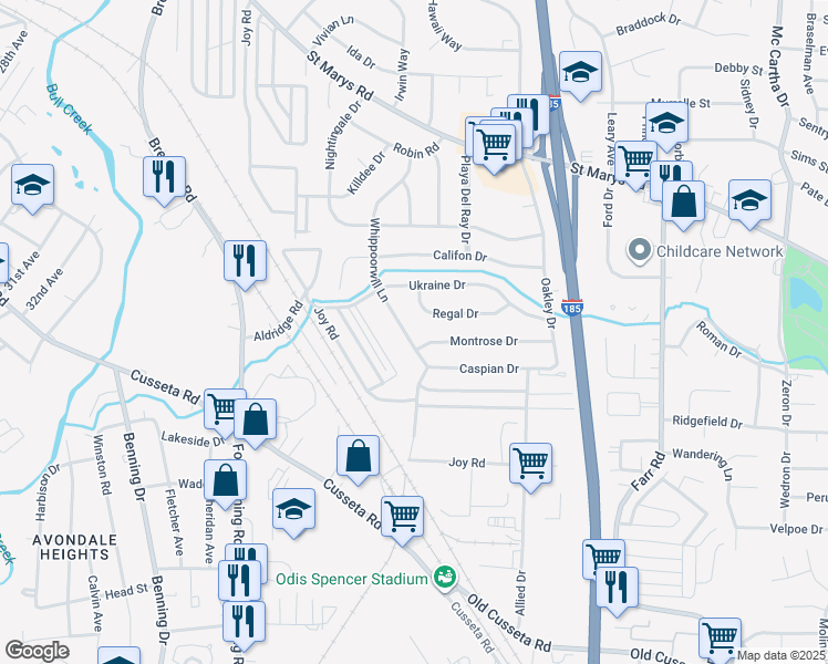 map of restaurants, bars, coffee shops, grocery stores, and more near 3607 Montrose Drive in Columbus