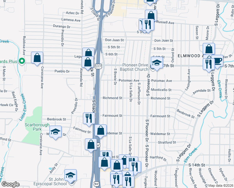 map of restaurants, bars, coffee shops, grocery stores, and more near 934 South Bowie Drive in Abilene