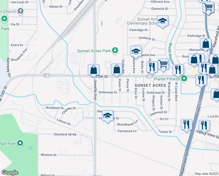map of restaurants, bars, coffee shops, grocery stores, and more near 7036 Amie St in Shreveport