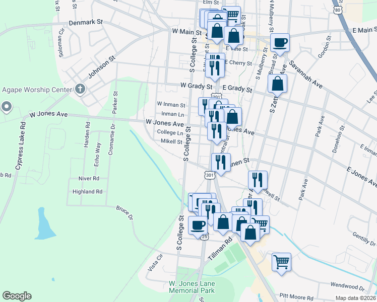 map of restaurants, bars, coffee shops, grocery stores, and more near 320 South College Street in Statesboro