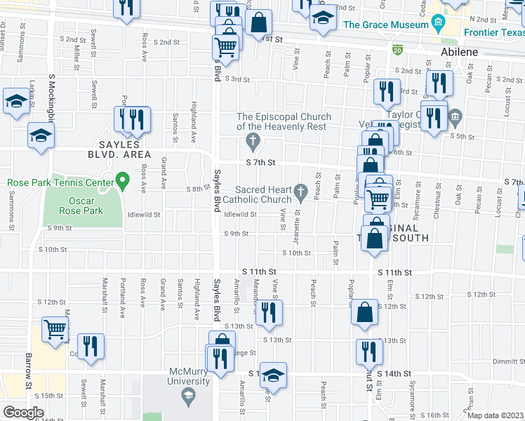map of restaurants, bars, coffee shops, grocery stores, and more near 1842 Idlewild Street in Abilene
