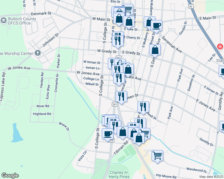 map of restaurants, bars, coffee shops, grocery stores, and more near 323 South Main Street in Statesboro