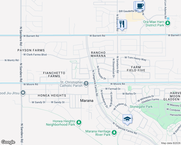 map of restaurants, bars, coffee shops, grocery stores, and more near 12898 North Sabal Palm Way in Marana