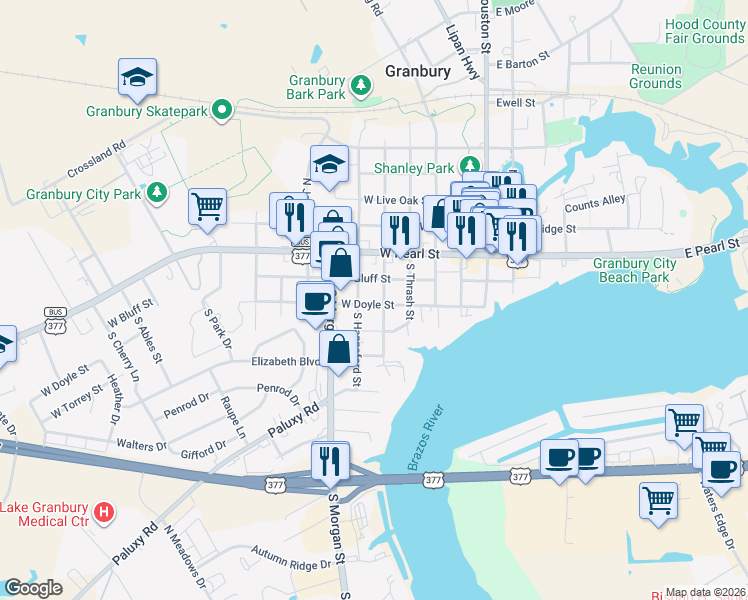 map of restaurants, bars, coffee shops, grocery stores, and more near 510 West Doyle Street in Granbury