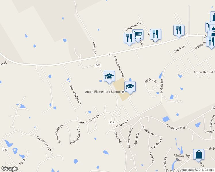 map of restaurants, bars, coffee shops, grocery stores, and more near 2926 James Road in Granbury