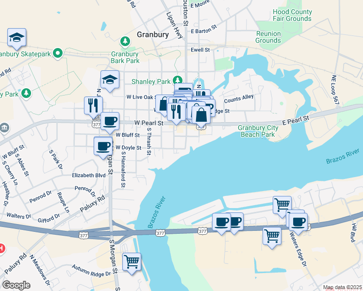 map of restaurants, bars, coffee shops, grocery stores, and more near 110 W Doyle St in Granbury