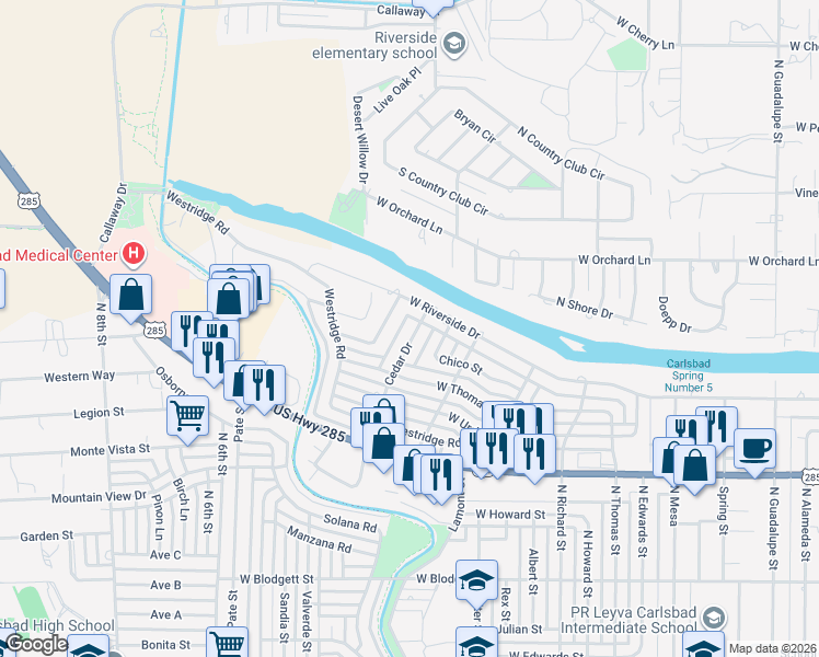 map of restaurants, bars, coffee shops, grocery stores, and more near 1213 Cedar Drive in Carlsbad