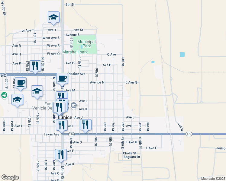 map of restaurants, bars, coffee shops, grocery stores, and more near 7th Street in Eunice