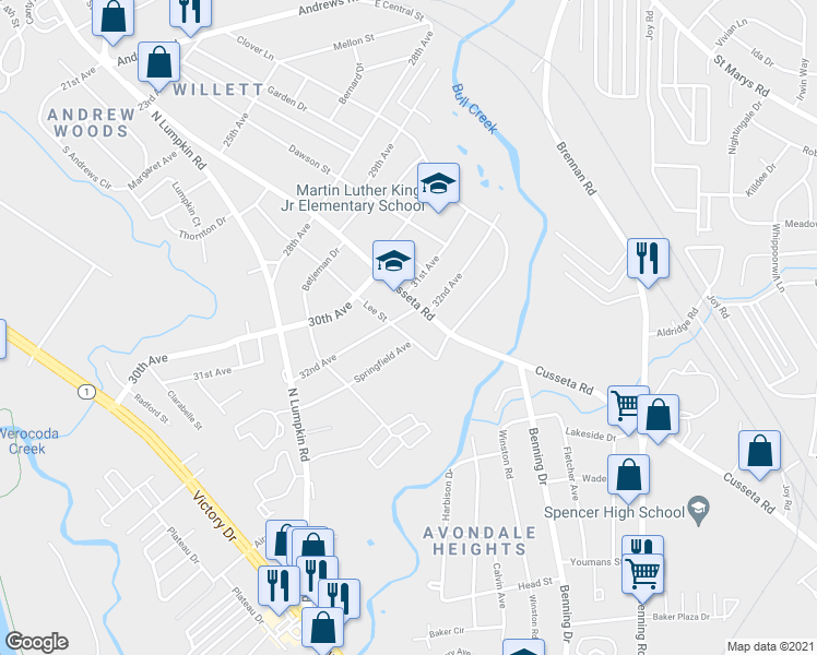 map of restaurants, bars, coffee shops, grocery stores, and more near 3207 Lee Street in Columbus