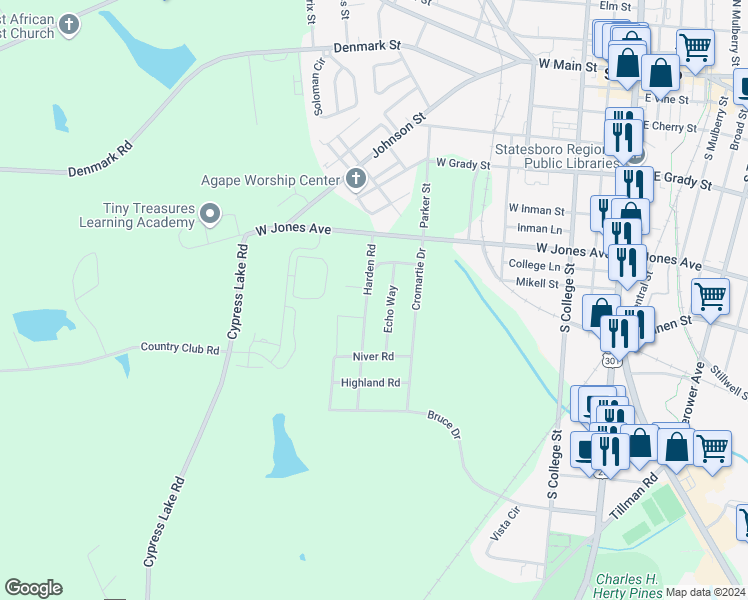 map of restaurants, bars, coffee shops, grocery stores, and more near 112 Harden Road in Statesboro