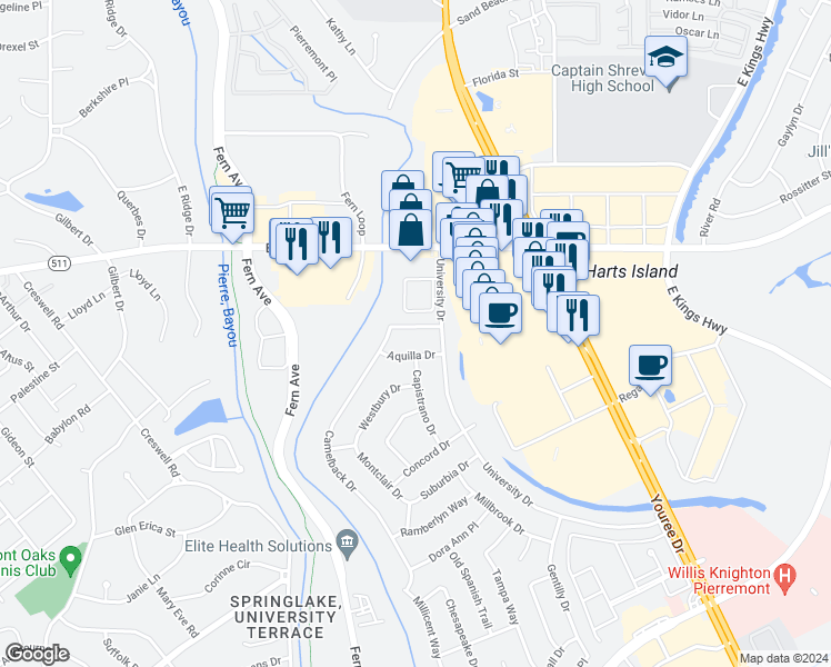 map of restaurants, bars, coffee shops, grocery stores, and more near 1517 Cambridge Drive in Shreveport