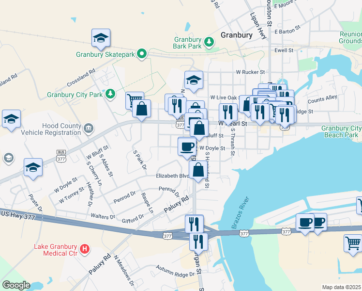 map of restaurants, bars, coffee shops, grocery stores, and more near 206 South Jones Street in Granbury