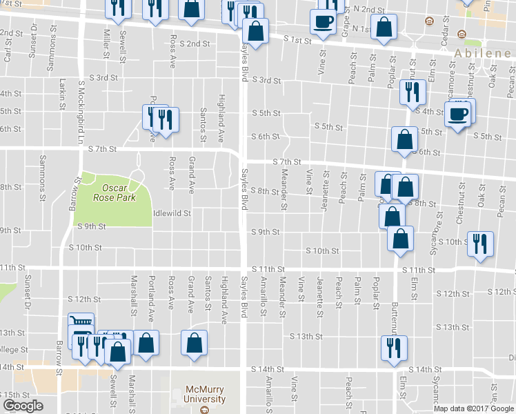 map of restaurants, bars, coffee shops, grocery stores, and more near 842 Amarillo Street in Abilene